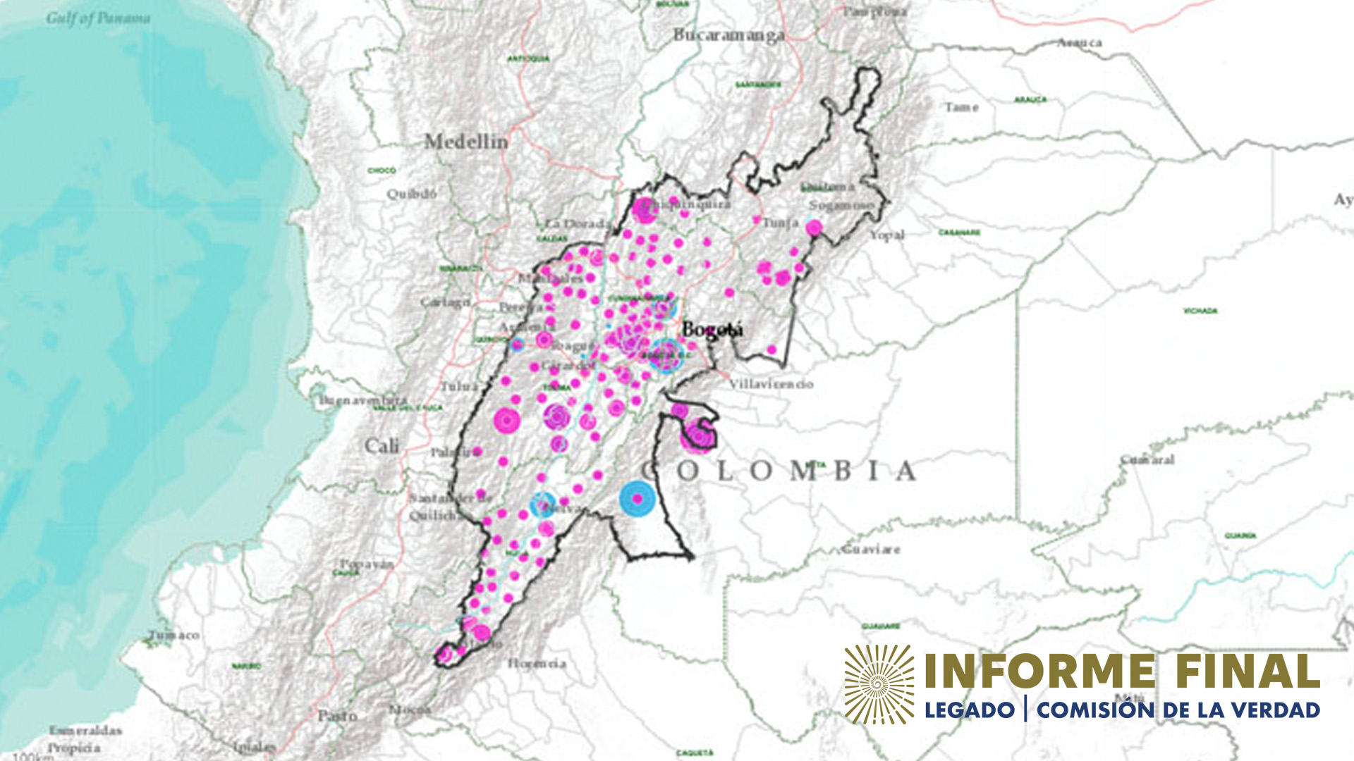 Mapa de la región Centro de Colombia con señalamientos de violencias contra miembros de la UP.