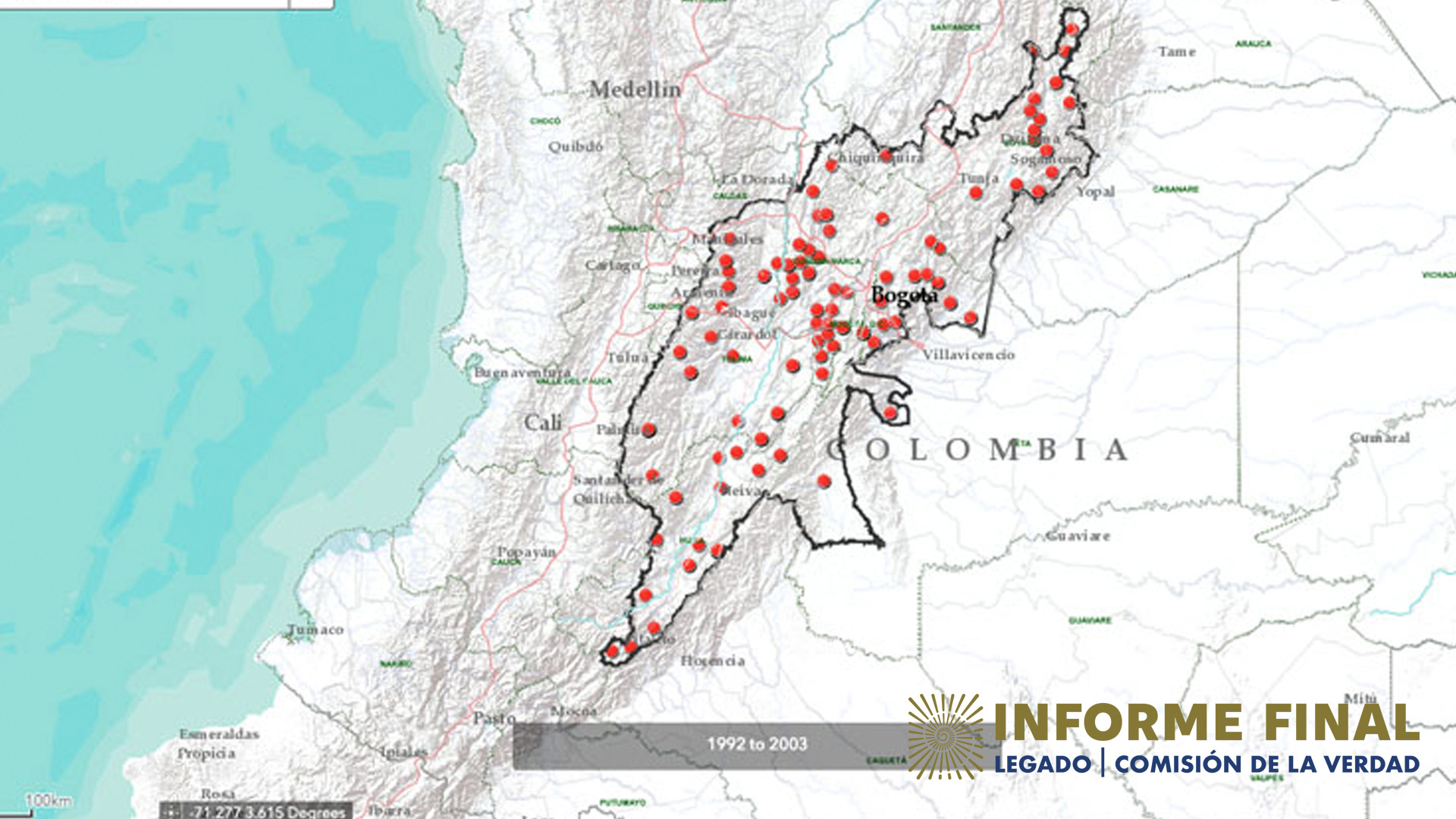 Mapa de la región Centro de Colombia con señalamientos de incursiones de las FARC