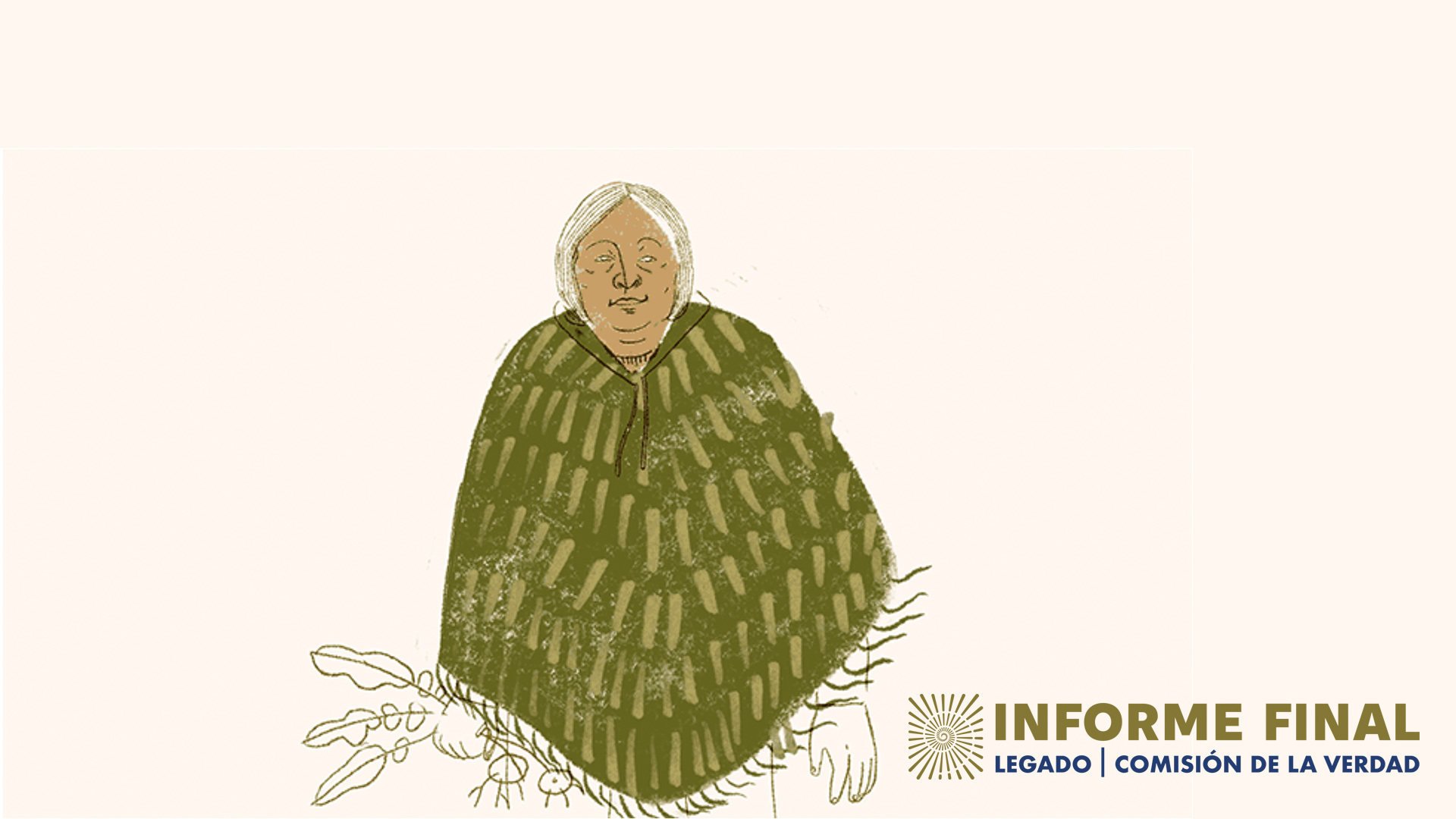 Ilustración. Mujer mayor, de pelo blanco, lideresa indígena, que lleva un poncho verde.