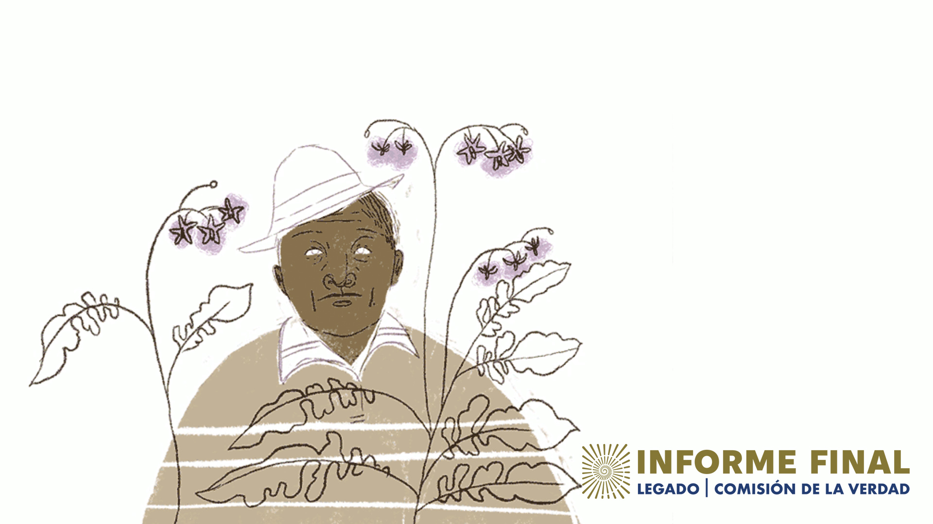 Ilustración. Hombre campesino con rasgos indígenas, usando un sombrero, en medio de flores y plantas 