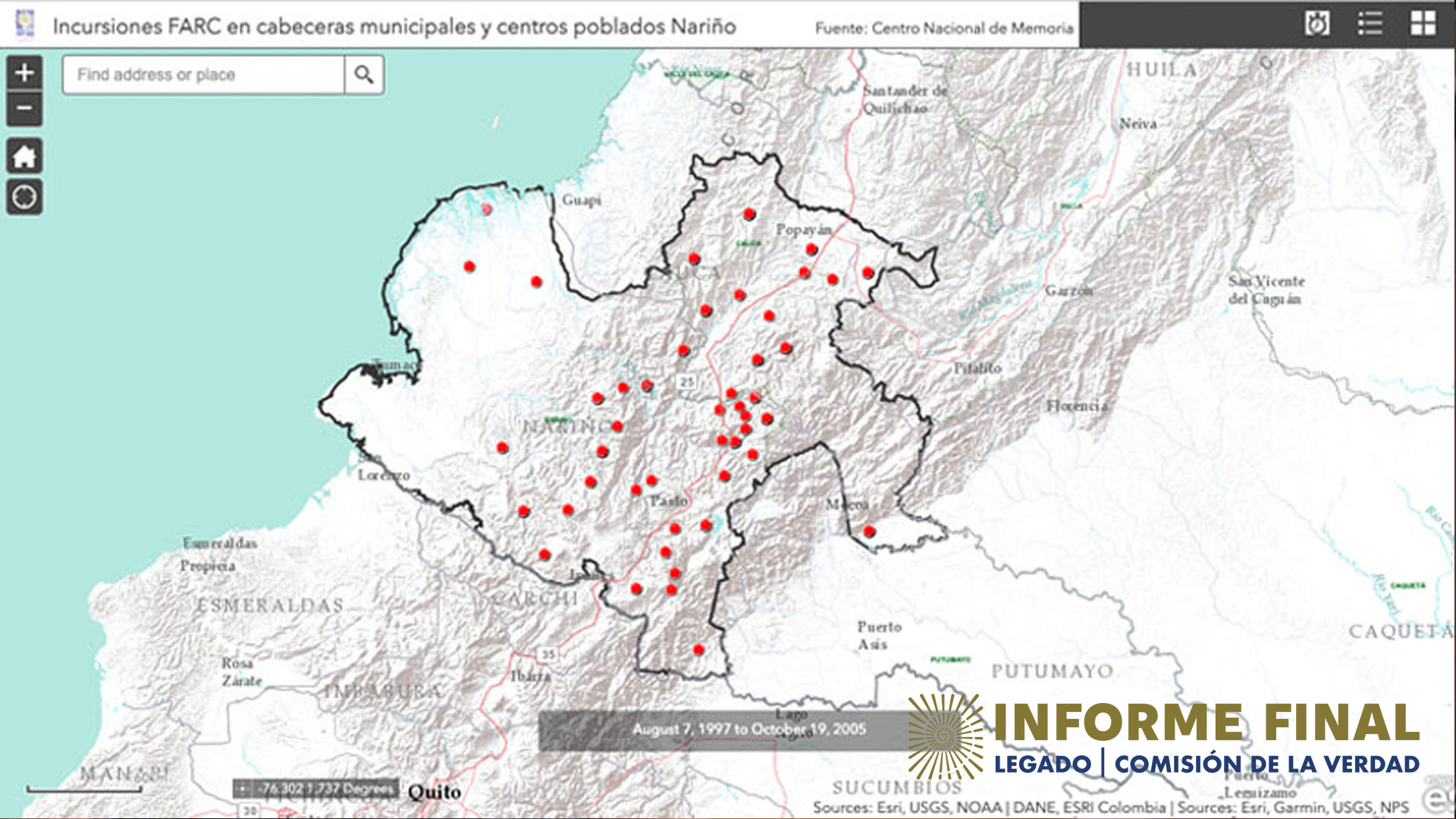 Ilustración de mapa de incursiones de las FARC en cabeceras municipales y centros poblados Nariño.