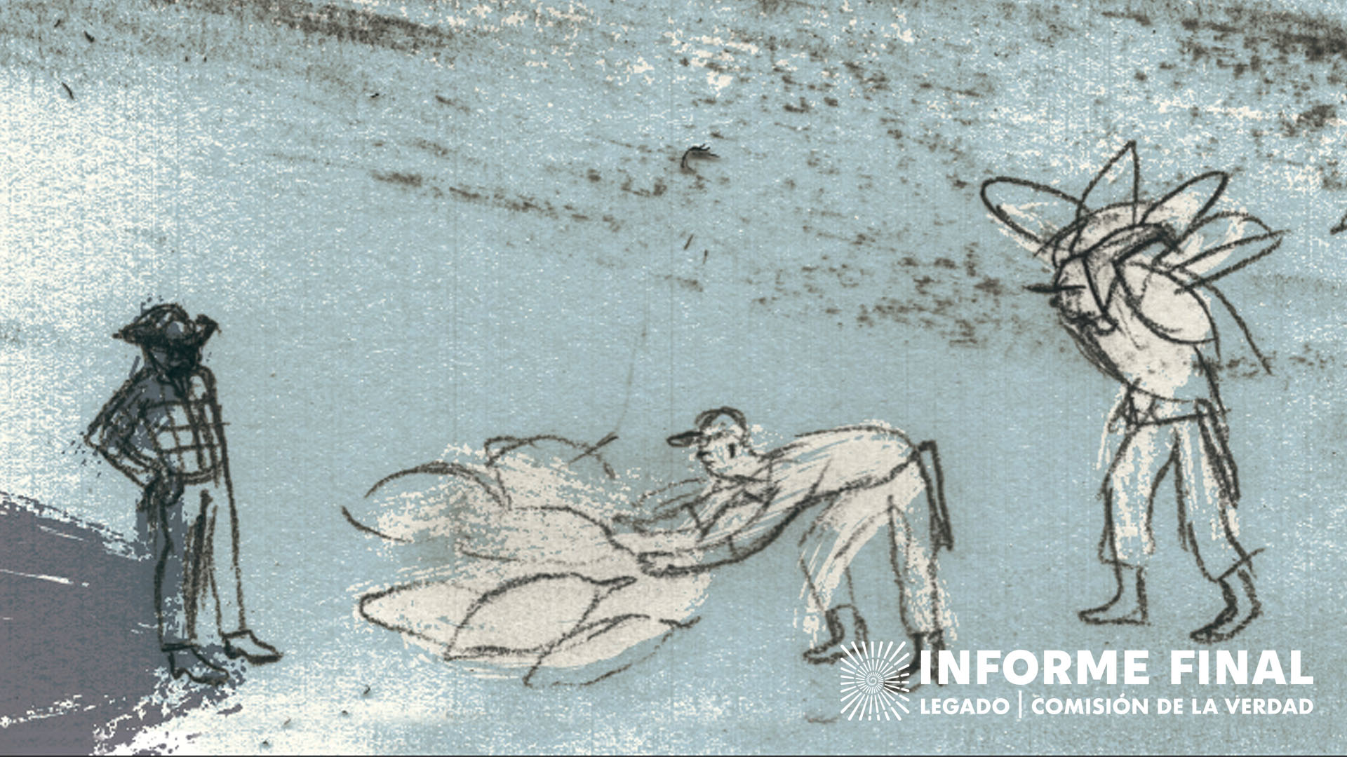 Ilustración. Dos hombres cargan bultos y uno los descarga a los pies de un hombre con manos en la cintura.
