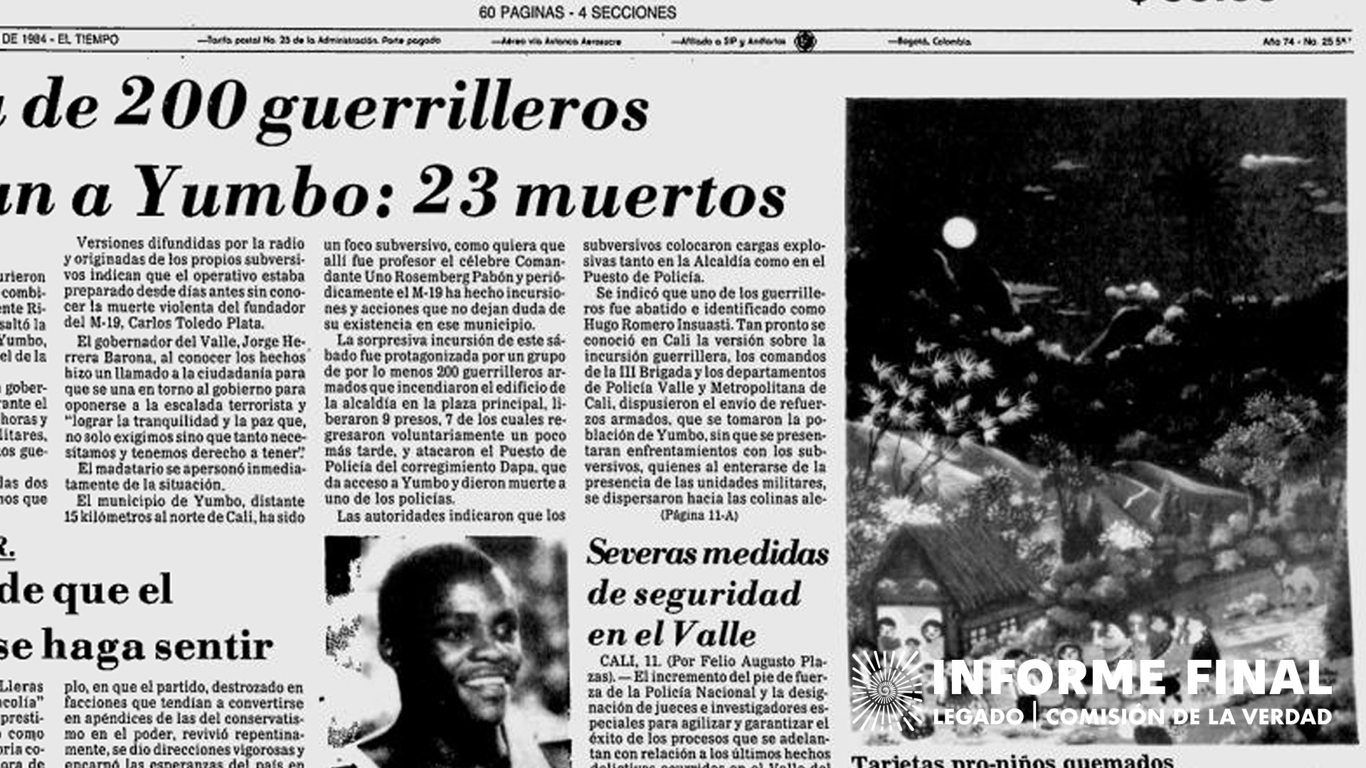 Recorte períodico "El Tiempo" con título "Cerca de 200 guerrilleros asaltan a Yumbo"