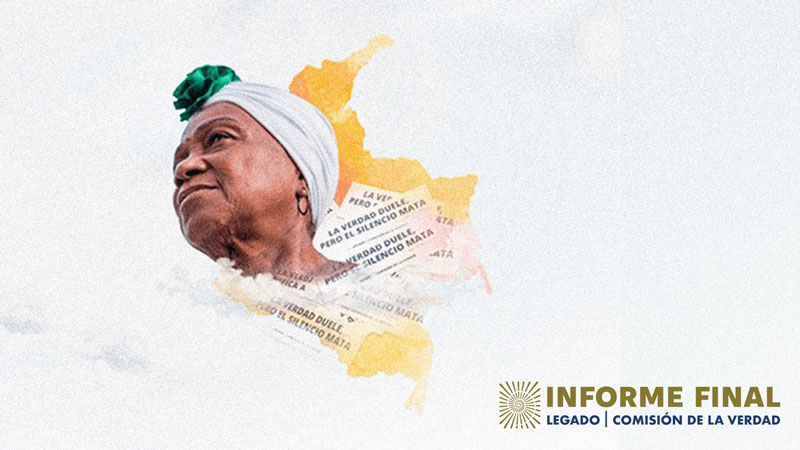 Collage, composición conformada por croquis de Colombia, mujer afro con turbante y papeles con palabras
