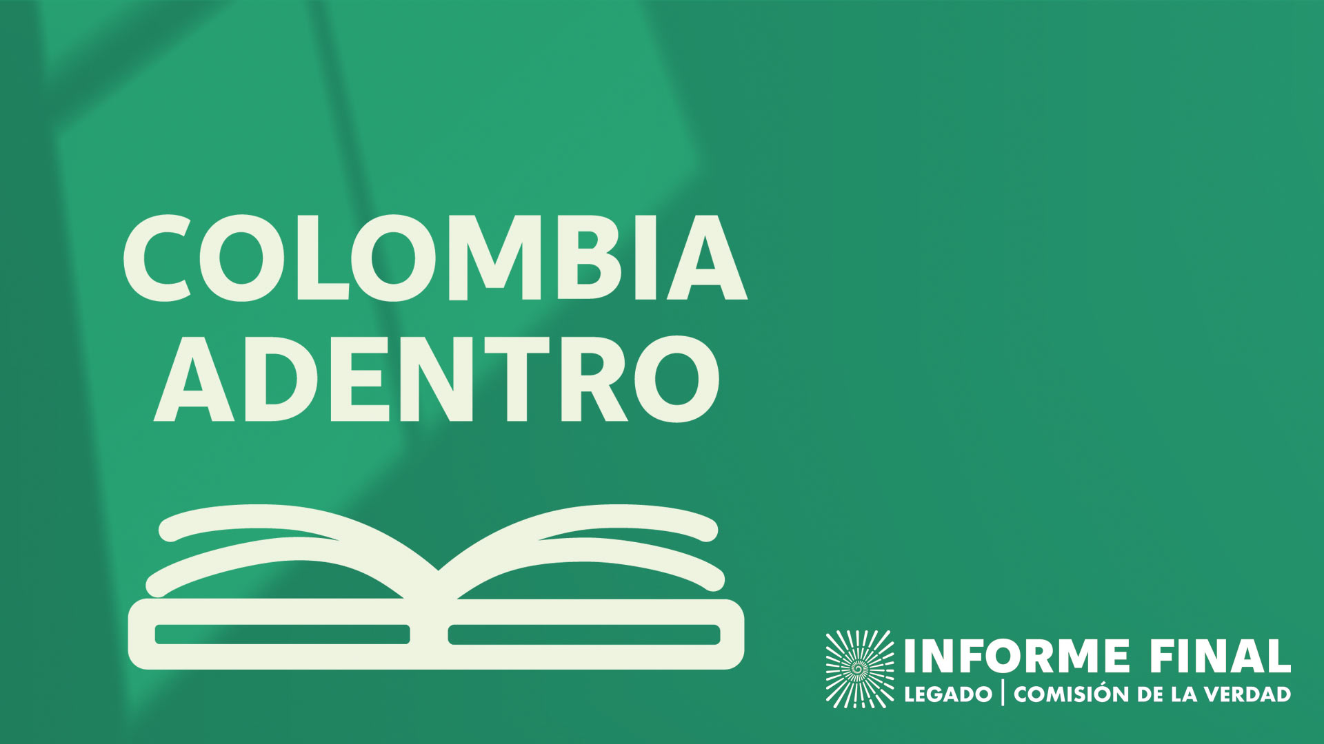 fondo verde con sombra de ventana, ícono de libro con el texto Colombia adentro
