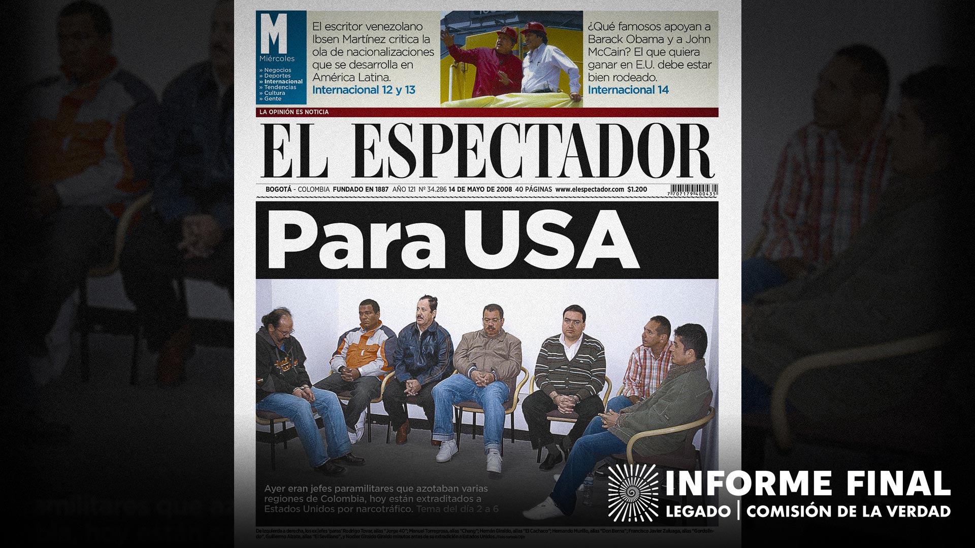 De izquierda a derecha los ex jefes 'paras' Rodrigo Tovar alias «Jorge 40»; Manuel Torregrosa alias «Chang»; Hernán Giraldo alias «El Cachaco»; Hernando Murillo alias «Don Berna»; Francisco Javier Zuluaga alias «Gordolindo»; Guillermo Alzate alias «El Sevillano» y Nodier Giraldo Giraldo, minutos antes minutos antes de su extradición a Estados Unidos.