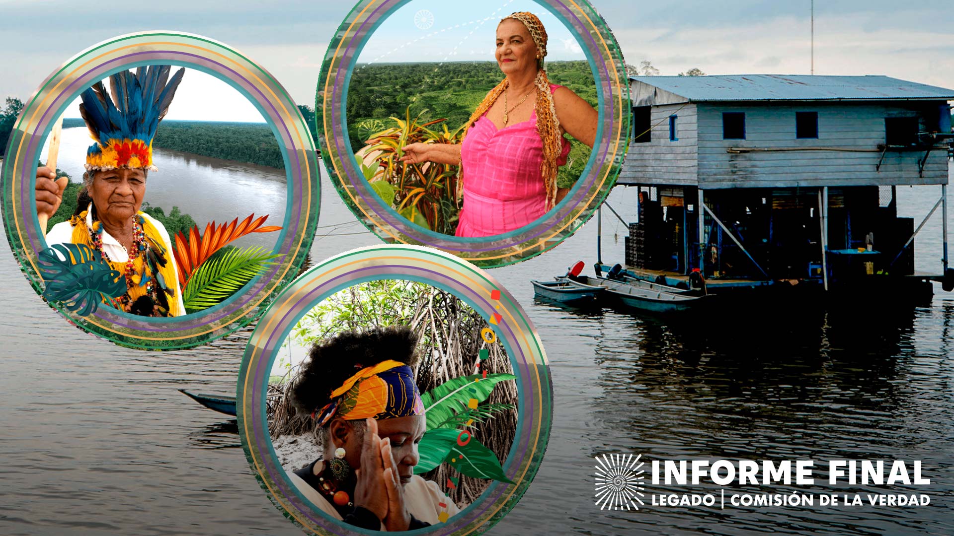 Un representante de cada comunidad indígena bordeada dentro de un circulo sobre una imagen de unas casas construidas sobre una superficie de agua