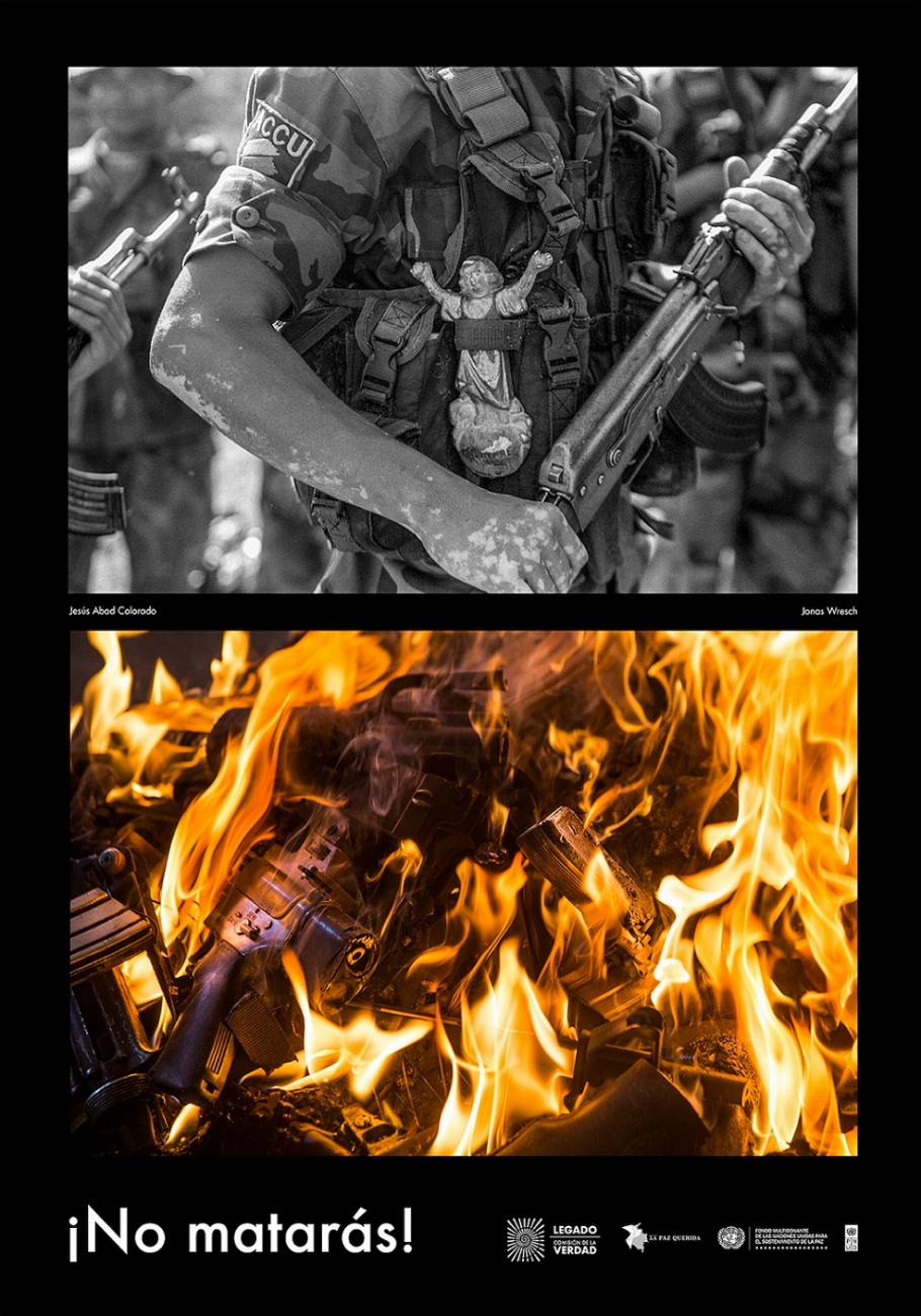 2 fotos. Militar con fusil en mano, divino niño en la chaqueta. Foto de armas entre llamas y texto "No matarás"