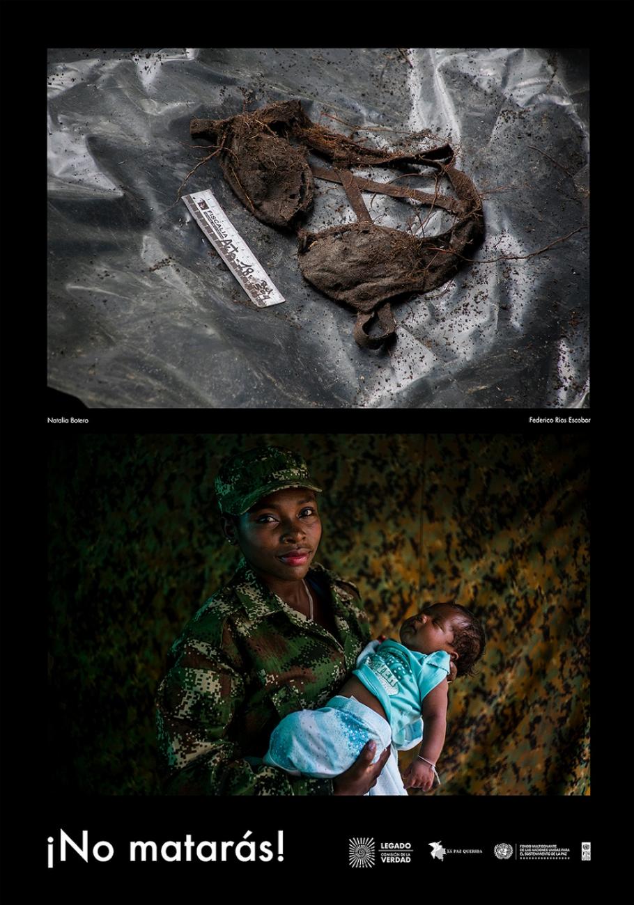 2 fotos. Brasier desenterrado con cinta métrica al lado. Foto de mujer afro en uniforme carga bebé, texto "No matarás"