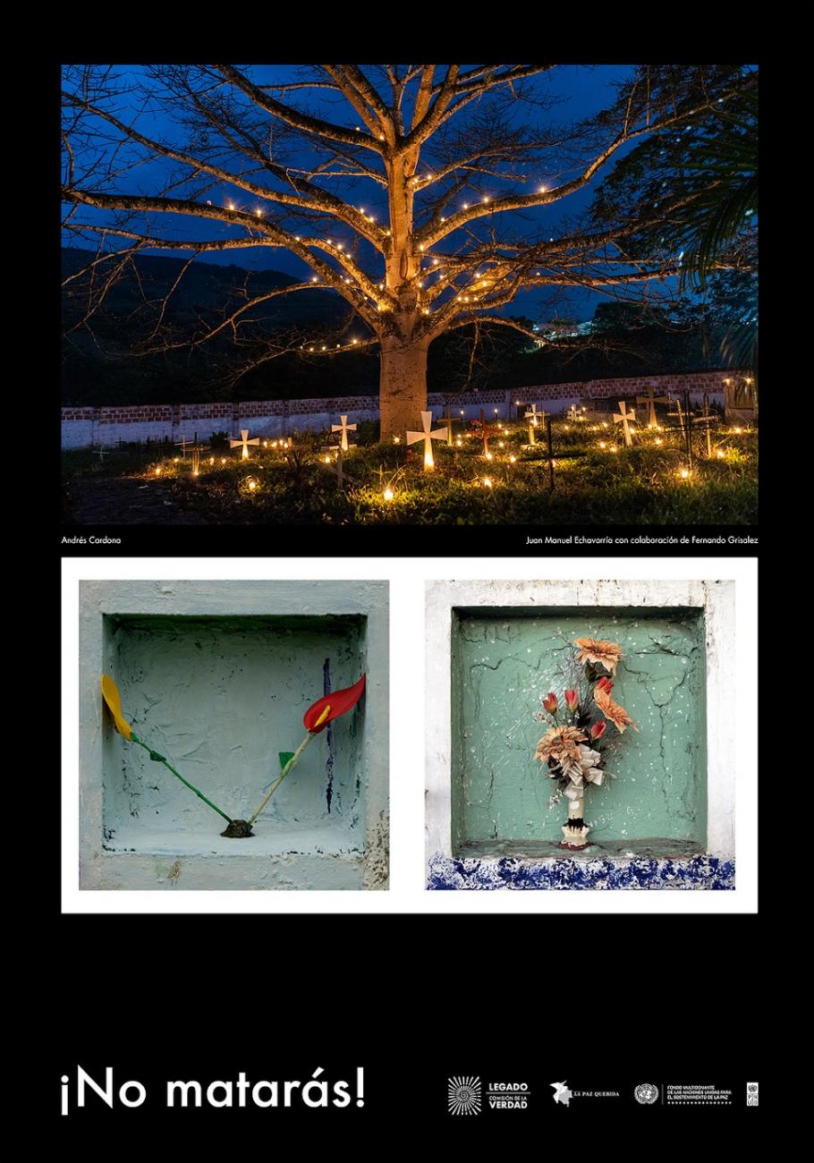 2 fotos. Cementerio con velas y árbol iluminado con luces en la noche. Nichos funerarios con flores y texto "No matarás"