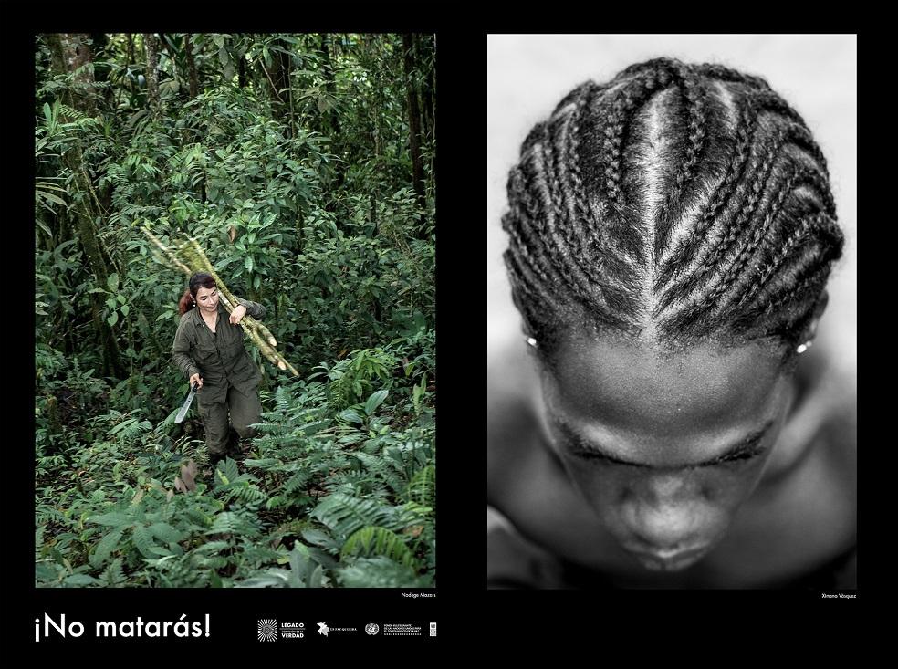 2 fotos. Uniformada con machete cortando madera. Retrato de joven afro con trenzas y texto "No matarás"