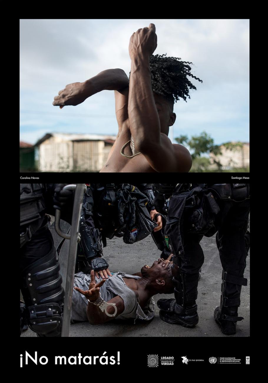 2 fotos. Un hombre afro baila enérgicamente y se cubre el rostro. Hombres uniformados con hombre afro acostado en el piso gritando. Texto "No matarás"