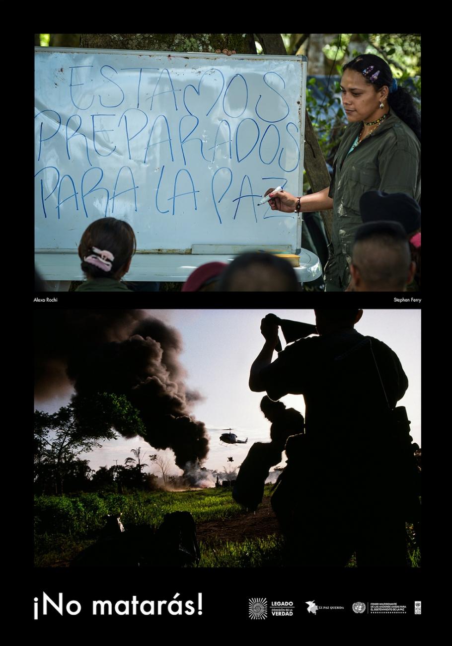 2 fotos. Mujer uniformada, tablero texto “estamos preparados para la paz”. Bombardeo, helicóptero, humo. Texto "No matarás"