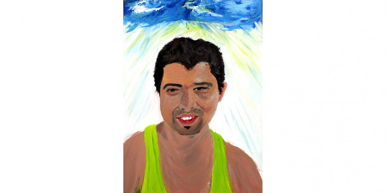 Retrato pintado de hombre con pelo corto negro y camisilla verde. Fondo blanco 
