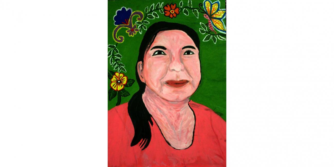Retrato pintado de mujer con pelo negro y blusa roja. Fondo verde con flores, hojas y una mariposa