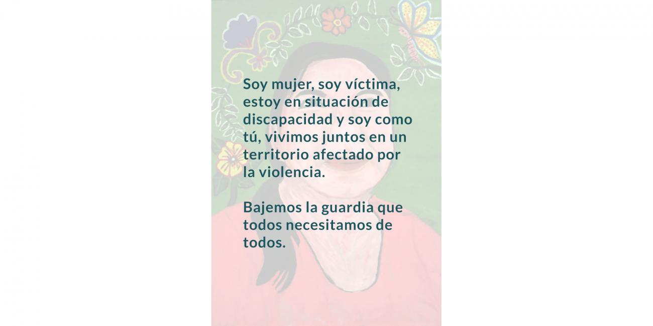 Texto sobre retrato pintado de mujer con blusa roja y fondo de flores