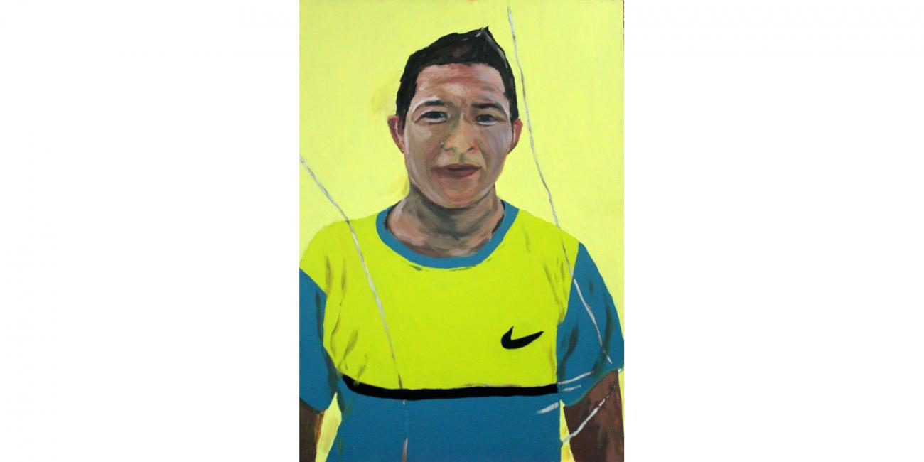 Retrato pintado de hombre joven de pelo corto, camiseta deportiva azul, verde y negro