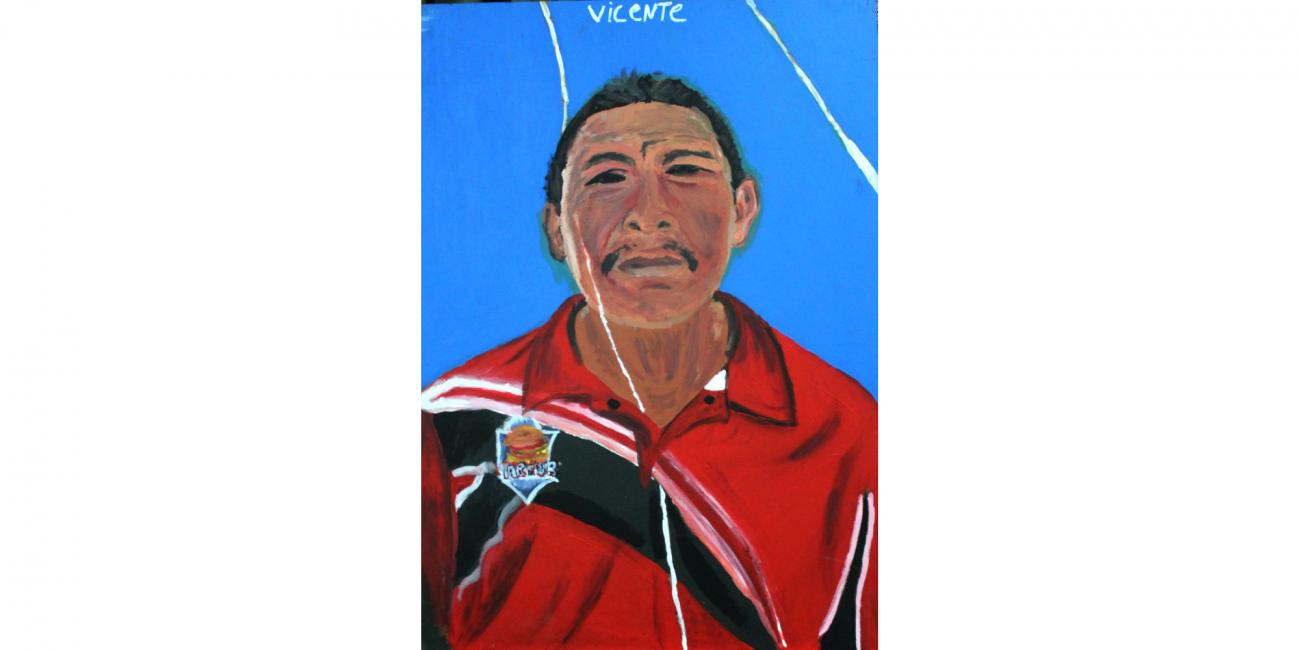 Retrato pintado de hombre indígena con pelo corto, bigote, camiseta polo roja. Fondo azul