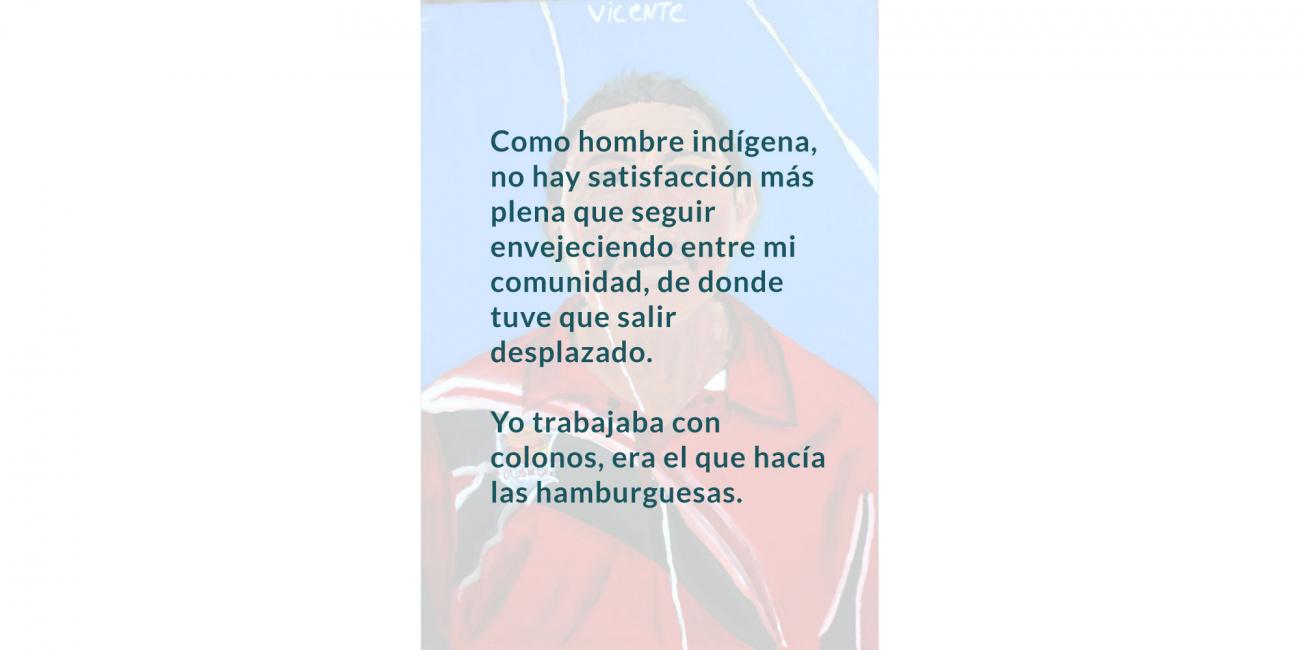 Texto sobre retrato pintado de hombre indígena con camiseta roja 