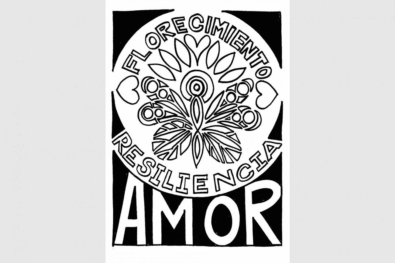 afiche ilustrado con corazones, mariposa y texto: “Florecimiento, resiliencia, amor”