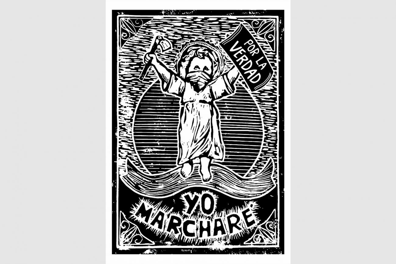 afiche ilustrado con el divino niño Jesús encapuchado, con cartel: “Por la verdad, Yo marcharé”