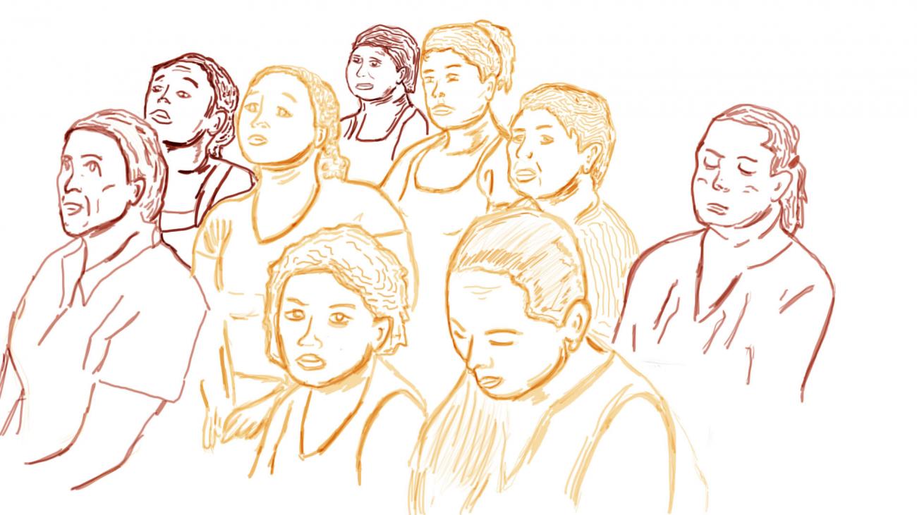 Dibujo de mujeres sentadas en una reunión, una mujer mira hacia abajo, otras al frente un una cierra los ojos
