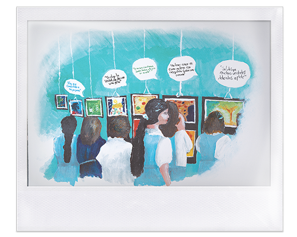 Instantánea. Ilustración de niñas y jóvenes observando piezas artísticas con frases alusivas al conflicto