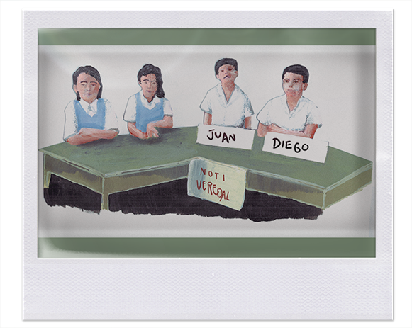 Instantánea. Ilustración de dos niñas y dos niños sentados en una mesa con texto Juan, Diego y ‘Noti Veredal’