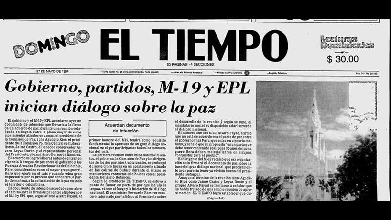Fragmento antiguo de periódico con titular: “Gobierno, partidos, M-19 y EPL inician diálogo sobre la paz”