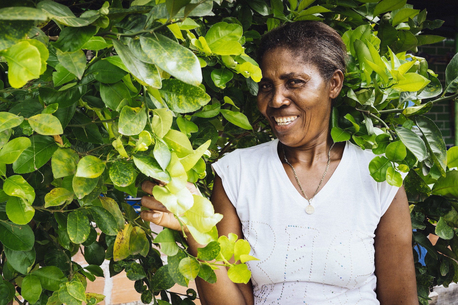 Mujer rodeada por las ramas de una planta sonríe