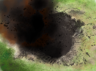 Ilustración de un cráter humeante producto de un bombardeo aéreo