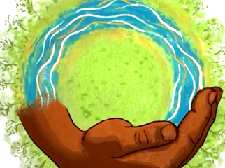 Pintura mural de una mano derecha que crea un circulo con un cuerpo de agua que emula un río sobre un circulo verde. Encima un signo de un colibrí dentro de un círculo