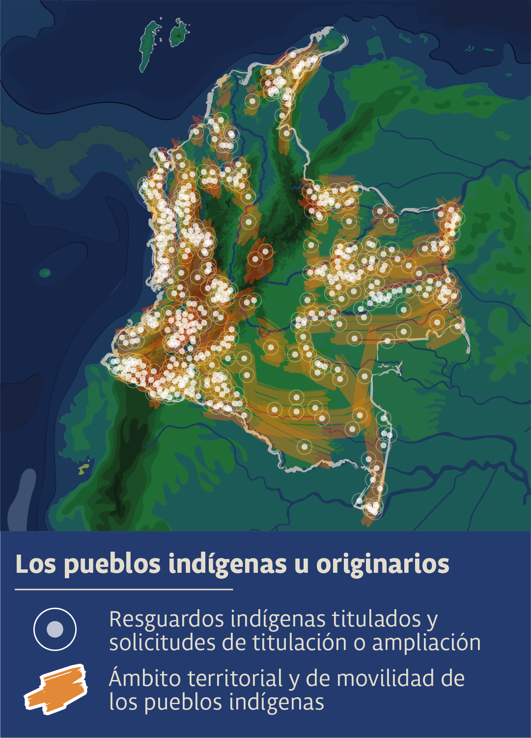 Mapa de Colombia con las ubicaciones de los pueblos indigenas
